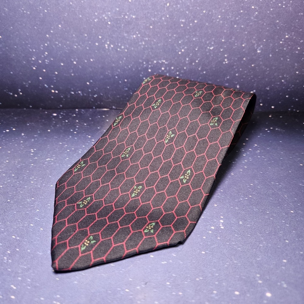 Enzo Necktie Mens‎ OS Navy Red Honeycomb Geometric Floral 100% Silk Made in USA